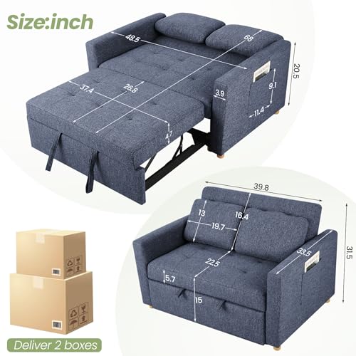 SEJOV 3-in-1 Convertible Sofa Bed, Linen Fabric Sleeper Couch Pull Out Bed, 49" 2-Seater Loveseat Futon Sofa with Spring Support
