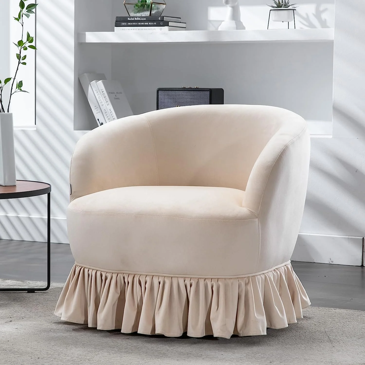 Tabaray Swivel Barrel Chair with Pleated Skirt, 360 Degree Swivel Barrel Club Chair, Comfy Velvet Round Sofa Chair for Living Room