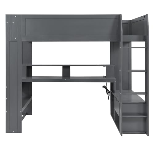 Gaming Bed with Desk,Wardrobe,Ample Storage Space,and RGB LED Light, Full Size Wood Loft Bed for Kids Bedroom (Cloud Blue/K)