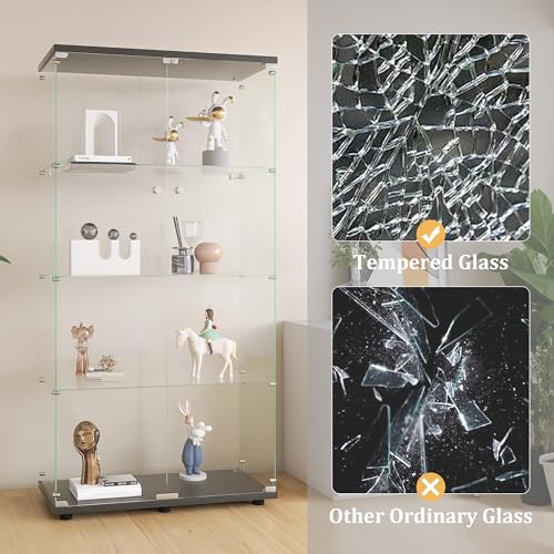 Homtique Glass Display Cabinet, 4 Shelves Curio Cabinet Display Case with Double Door and Lock, Black Floor Standing Bookshelf for Living Room