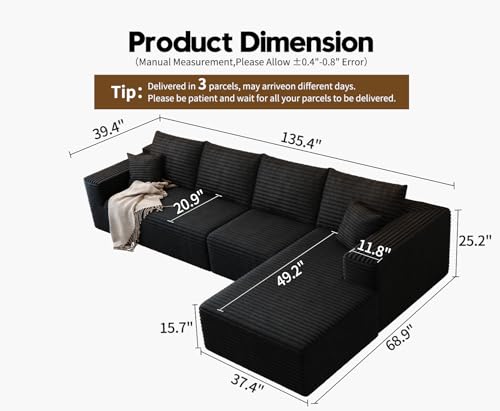 107.5" Cloud Modular Sectional Sofa with 1 Ottoman,Modern Minimalist Upholstered Couches, Comfort U Shaped Sofa for Living Room