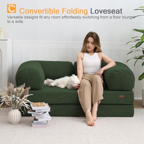 COMAX Folding Sofa Bed, Convertible Chair Bed Corduroy 3-in-1 Foldable Floor Couch with High-Density Foam, Futon Sofa Sleeper Mattress