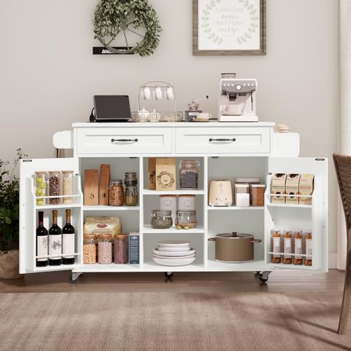 Kitchen Island with Power Outlets & Drop Leaf, Kitchen Cart with Storage, Drawer and Spice Rack, Tower Rack, Island Table, White and Walnut