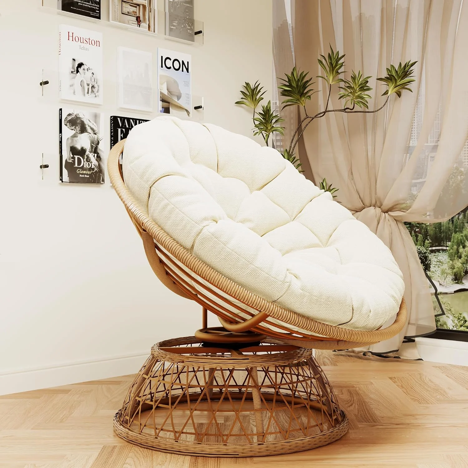 U-ToBe Papasan Chair with Cushion and 360°Swivel Base, 38" Wicker Papasan Lounge Chair with Cushion and Sturdy Frame, Large Saucer Chair, Lazy Chair