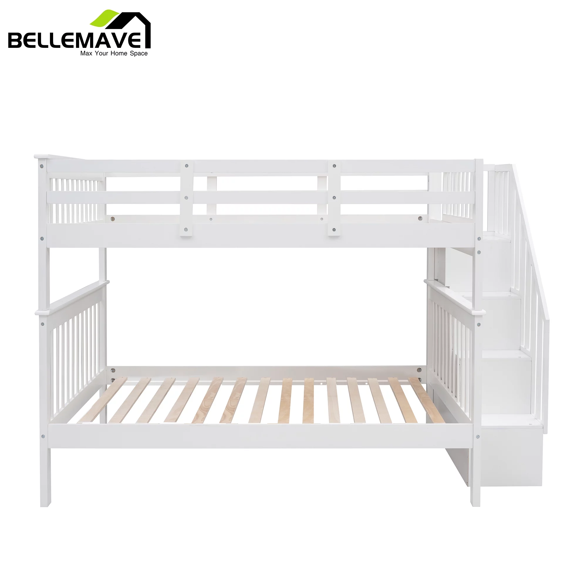 BELLEMAVE Full over Full Bunk Beds for Kids, Kids Bunk Beds with Storage Stairs and Full-Length Guardrail, Convertible Into 2 Bed