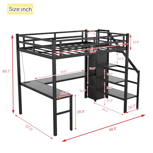 Bellemave Full Size Metal Loft Bed with L Shaped Desk and Wardrobe, Heavy Duty Loft Bed Frame with Storage Stairs