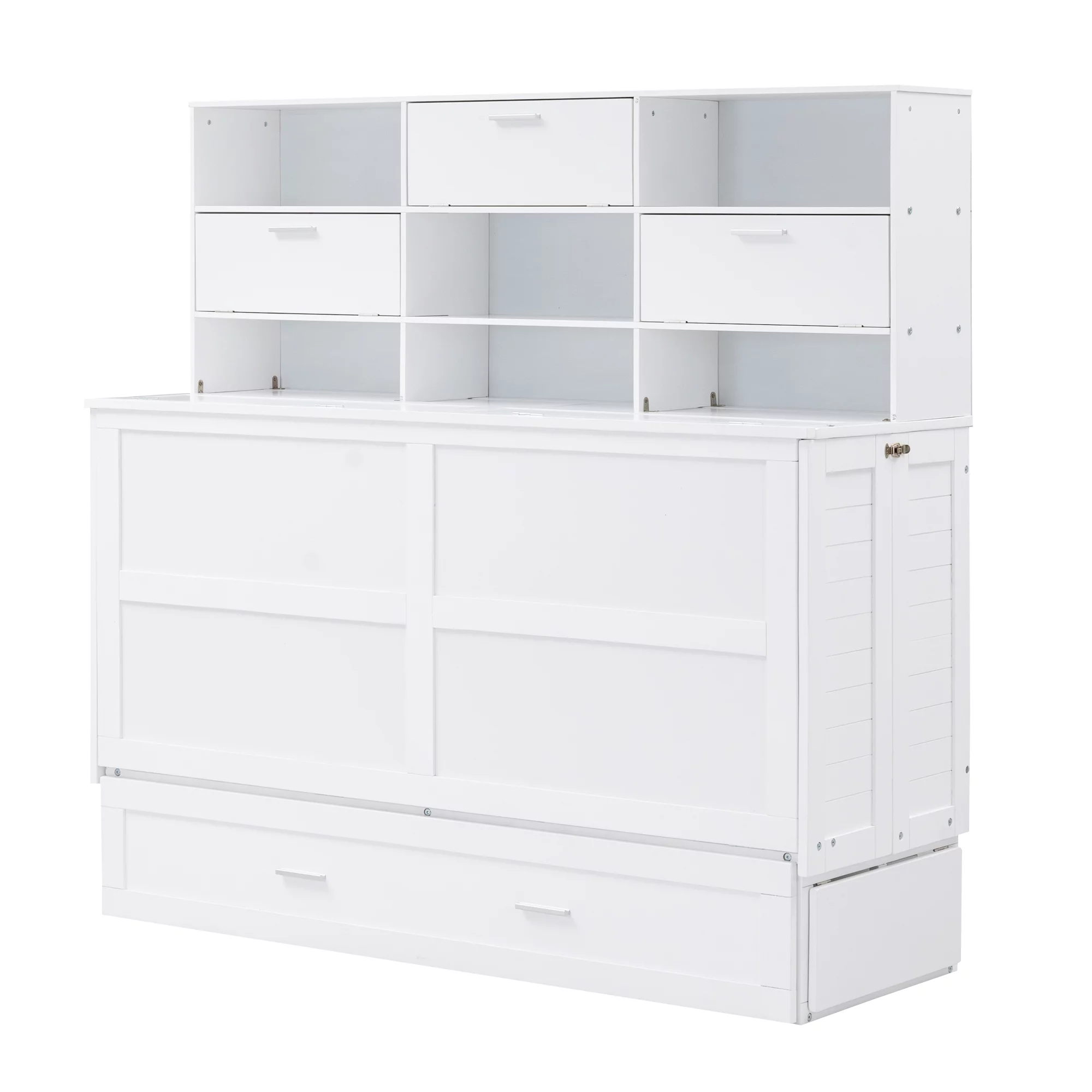 Euroco Queen Size Murphy Bed with Bookcase, Shelf and Drawer, Convertible into a Cabinet with Bookcase for Living Room
