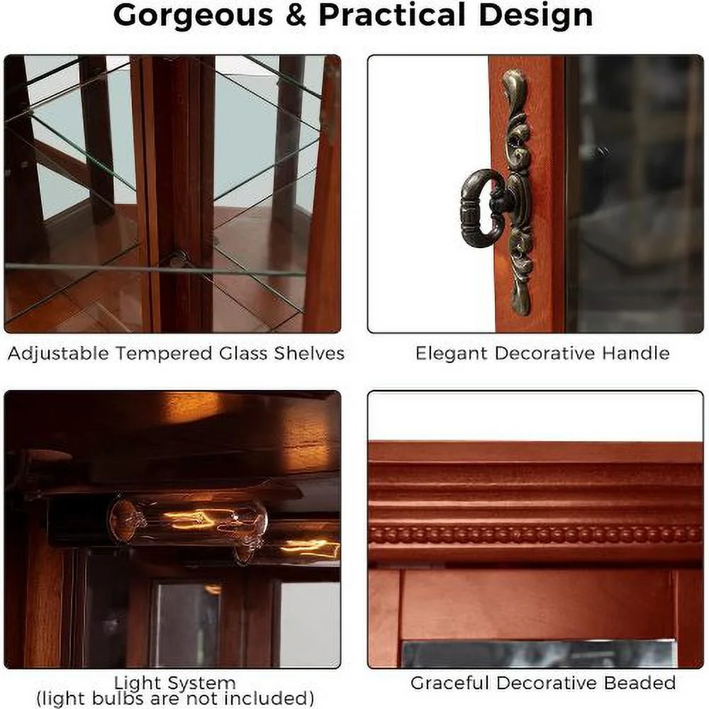 leeheeyee Lighted Tall Corner Cabinet，Wooden Corner storage cabinet with tempered glass door ，two shelf units， for Living Room or Bedroom