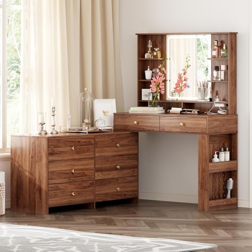 Large Makeup Vanity Desk with Mirror and Lights, Vanity Desk with 8 Drawers & Storage Shelves, Vanity Table with Power Outlet