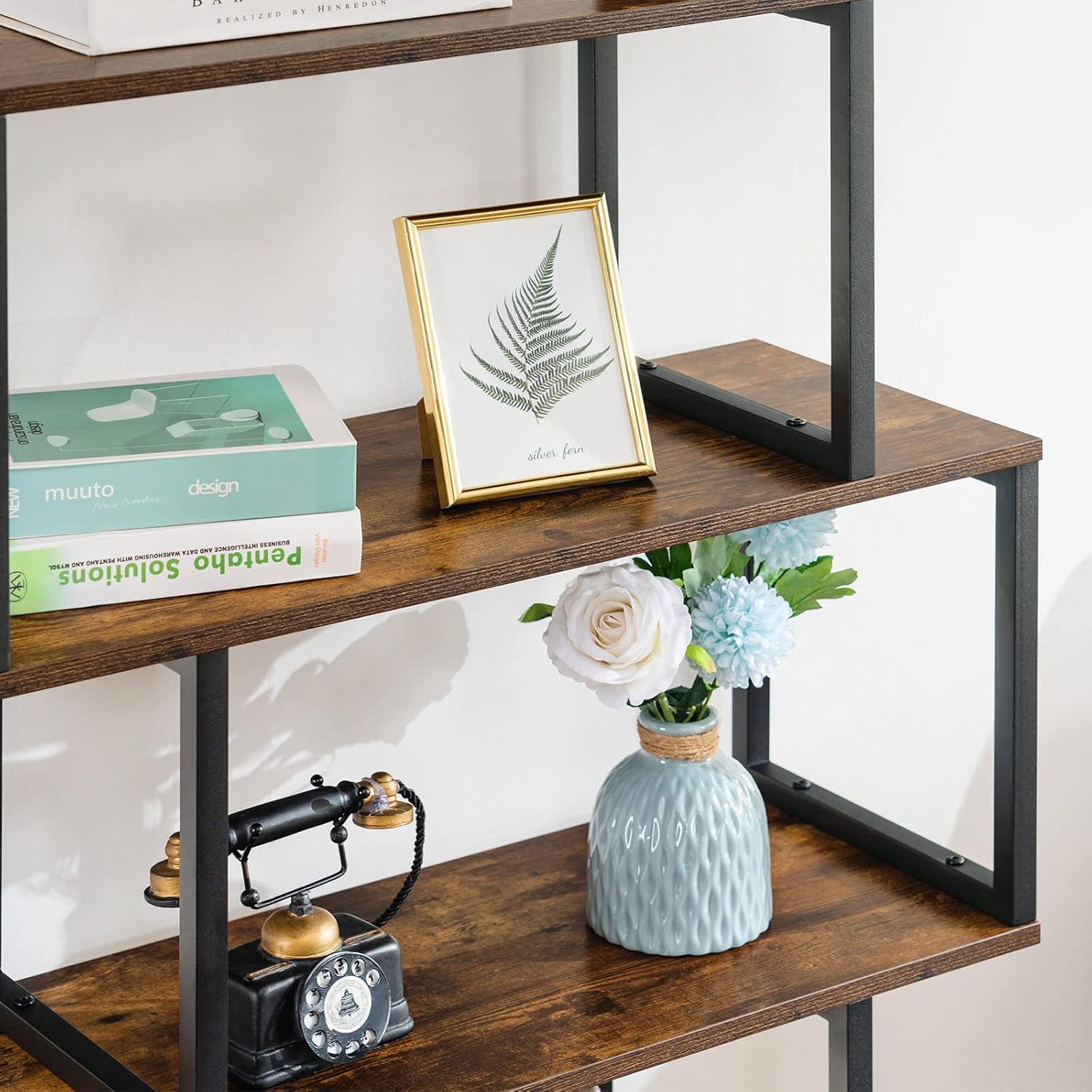 Apicizon Industrial Bookshelves Wooden Bookcase, 2-Tier Bookshelf, S-Shaped Bookshelf Modern Bookshelf