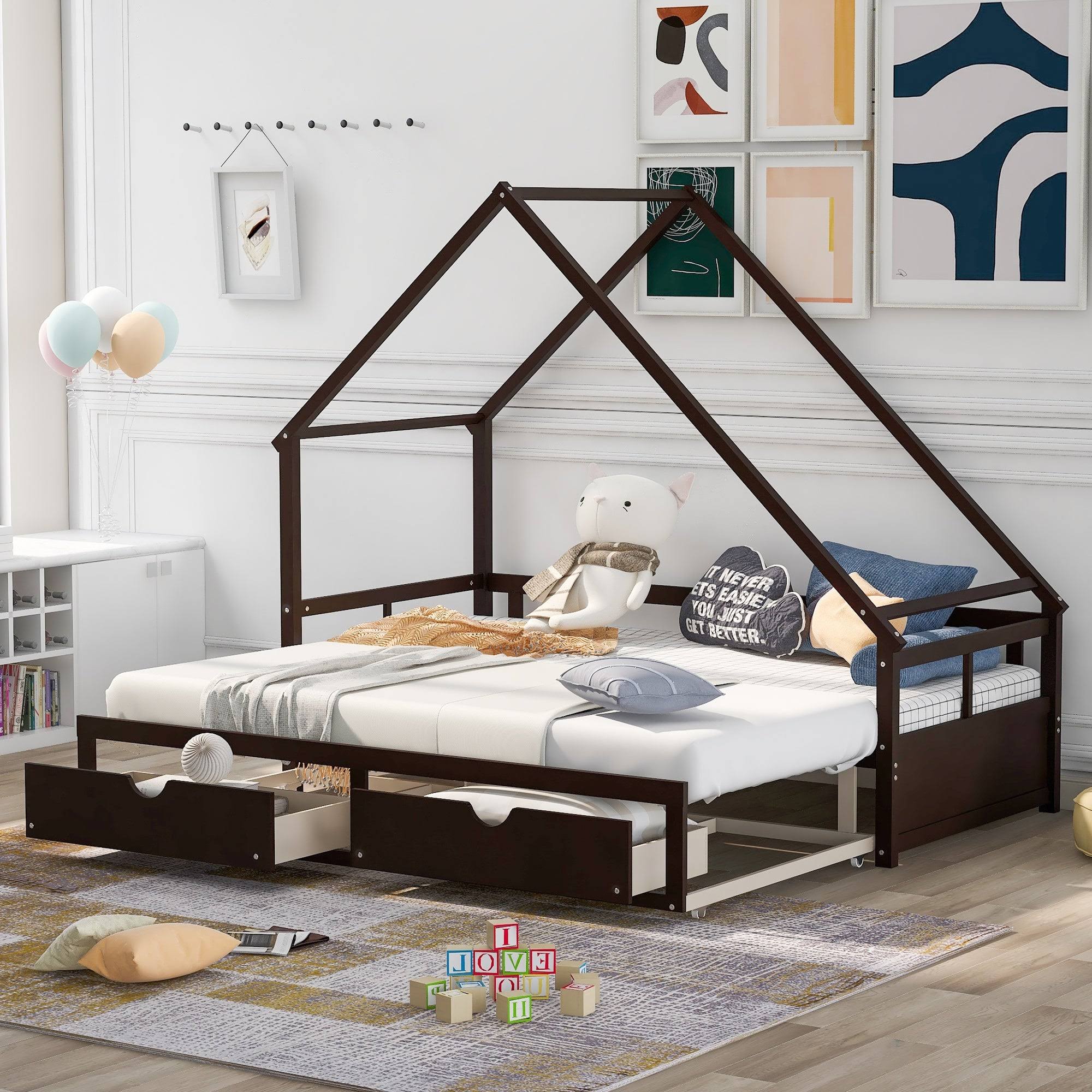 Twin-King Wooden House Extending Daybed with Two Drawers, Pine, White - Espresso