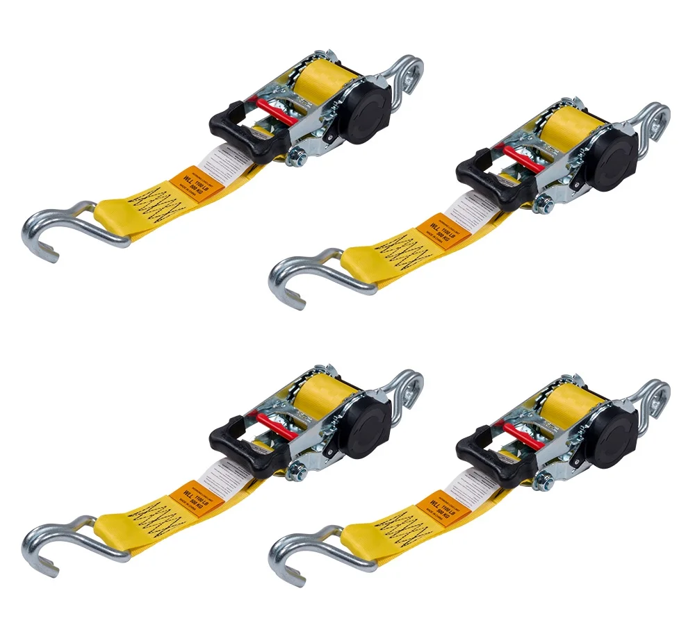 4 Pack 2" x 10' Retractable Ratchet Straps with Double J-Hook - 3,300 lbs Breaking Strength