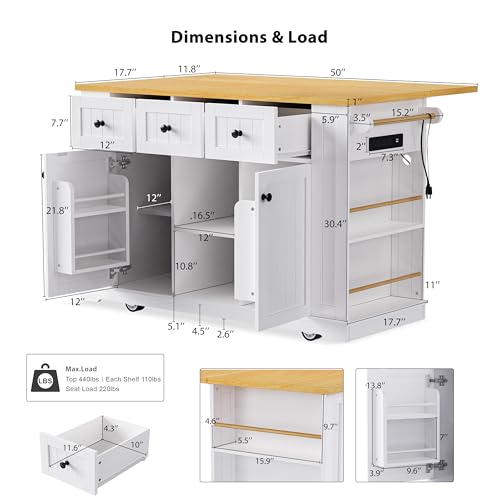 Rolling Kitchen Island with Drop Leaf & Power Outlet, Large Kitchen Islands Cart on Wheels