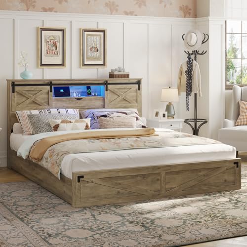 Hasuit Farmhouse Bed Frame California King Size with Storage Bookcase Headboard, Wooden Cal King Bed with LED Lights, Charging Station, 2 Drawers