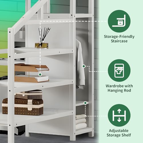 Queen Size Metal Loft Bed with L Shaped Desk and Wardrobe, Heavy Duty Loft Bed Frame with Storage Stairs, High Loft Bed Frame with LED