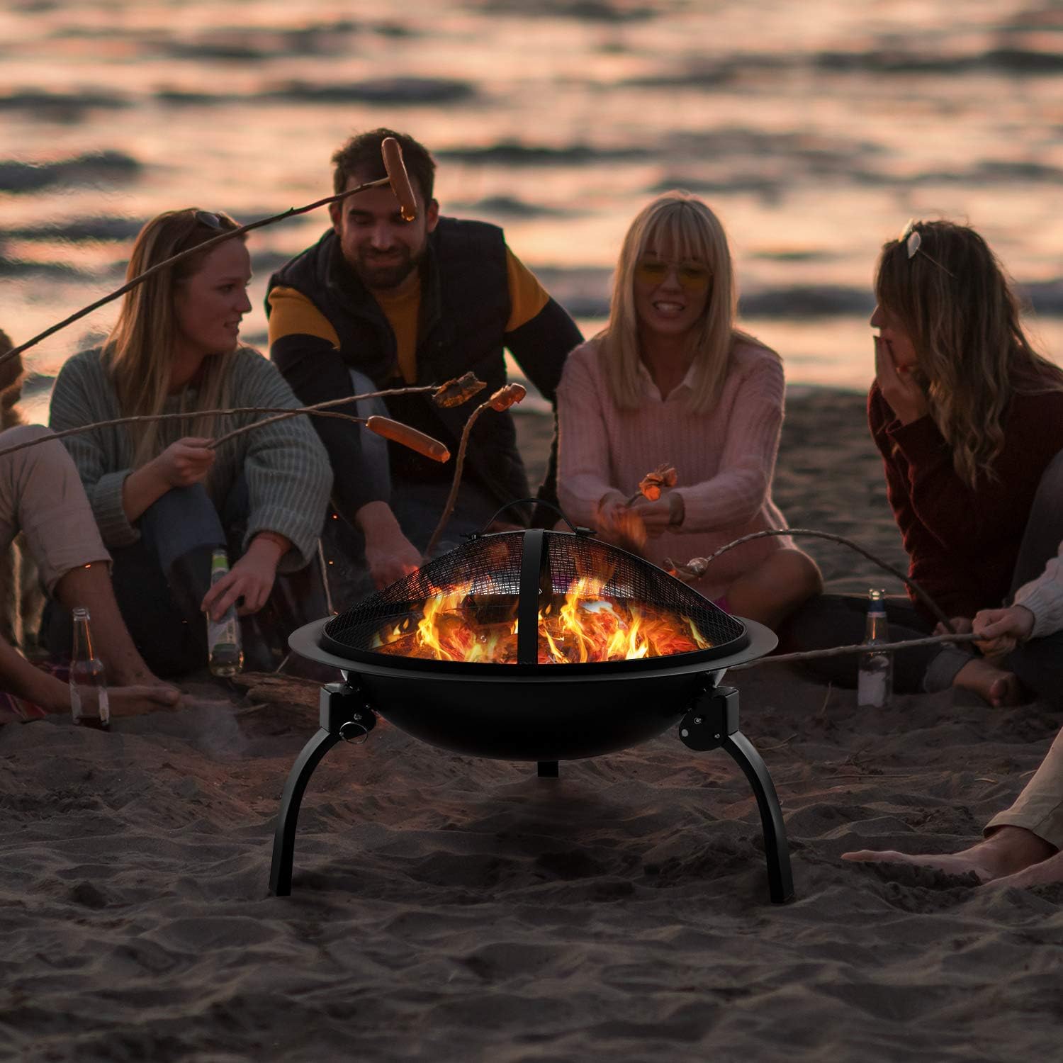 AMAGABELI GARDEN & HOME Fire Pit Outdoor Wood Burning Portable Folding 22in Firepit Firebowl Fireplace Poker Spark Screen Retardant Mesh Lid Deep