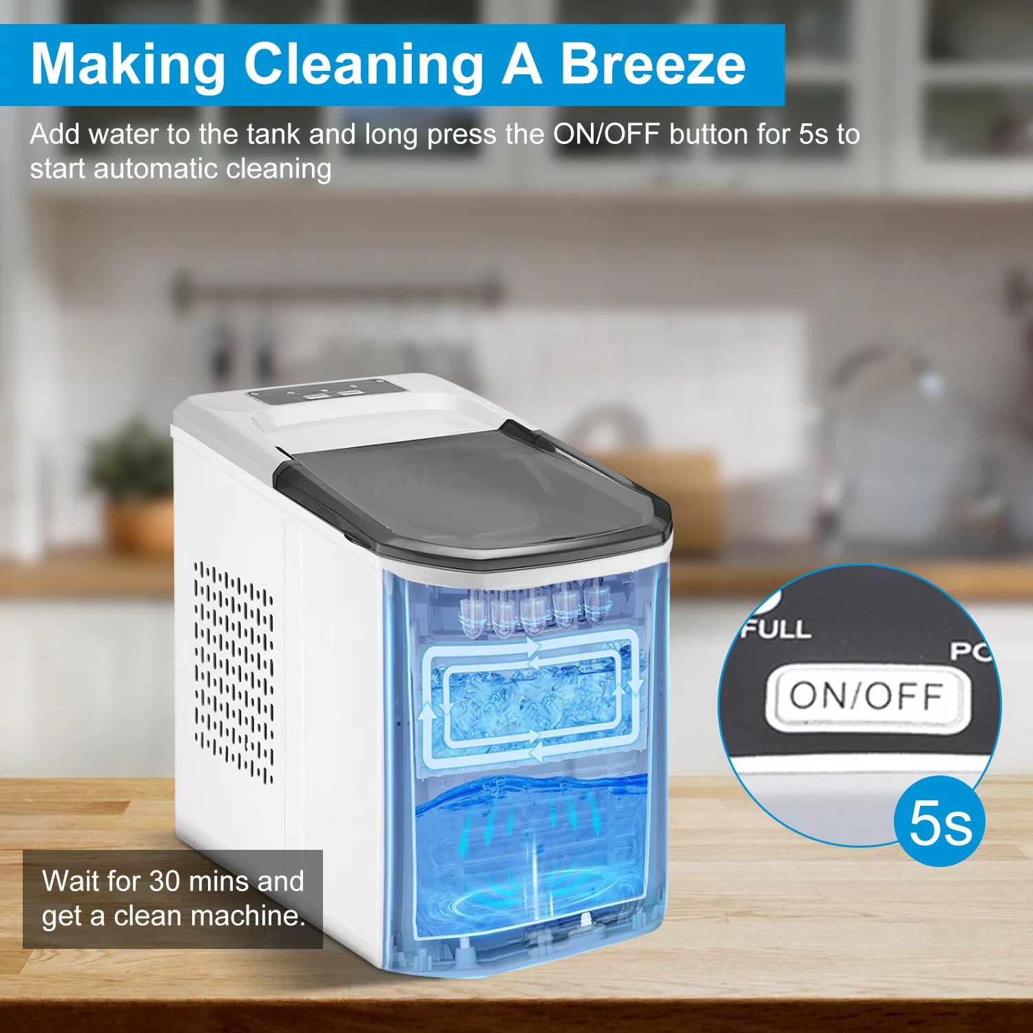 Countertop Ice Maker, Max 33Lbs/24H, 9 Bullet-Shaped Ice Cubes Ready in 6 Mins