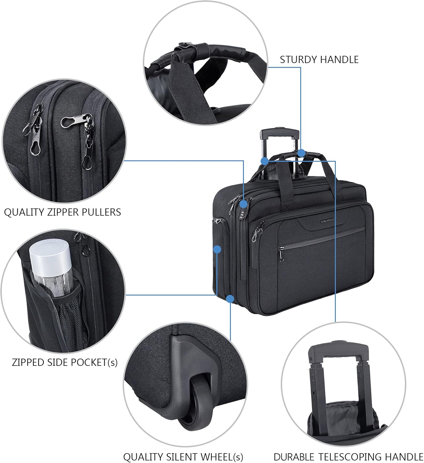 KROSER Rolling Laptop Bag Premium Wheeled Briefcase Fits Up to 17.3 Inch Laptop Water-Proof Overnight Roller Case Computer Bag with RFID Pockets for