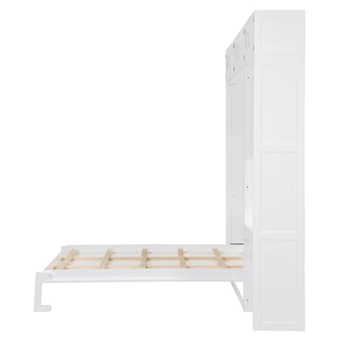 Polibi Full Size Wall Murphy Bed with Built-in Desk & Shelves - Multi-Functional Wall Bed for Small Apartments, 3 Storage Cabinets