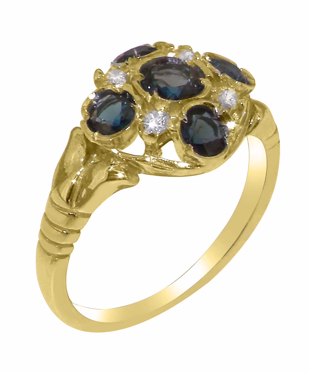 LBG British Made 14k Yellow Gold Natural London Blue Topaz & Diamond Womens Statement Ring - 33 size options - Size 10