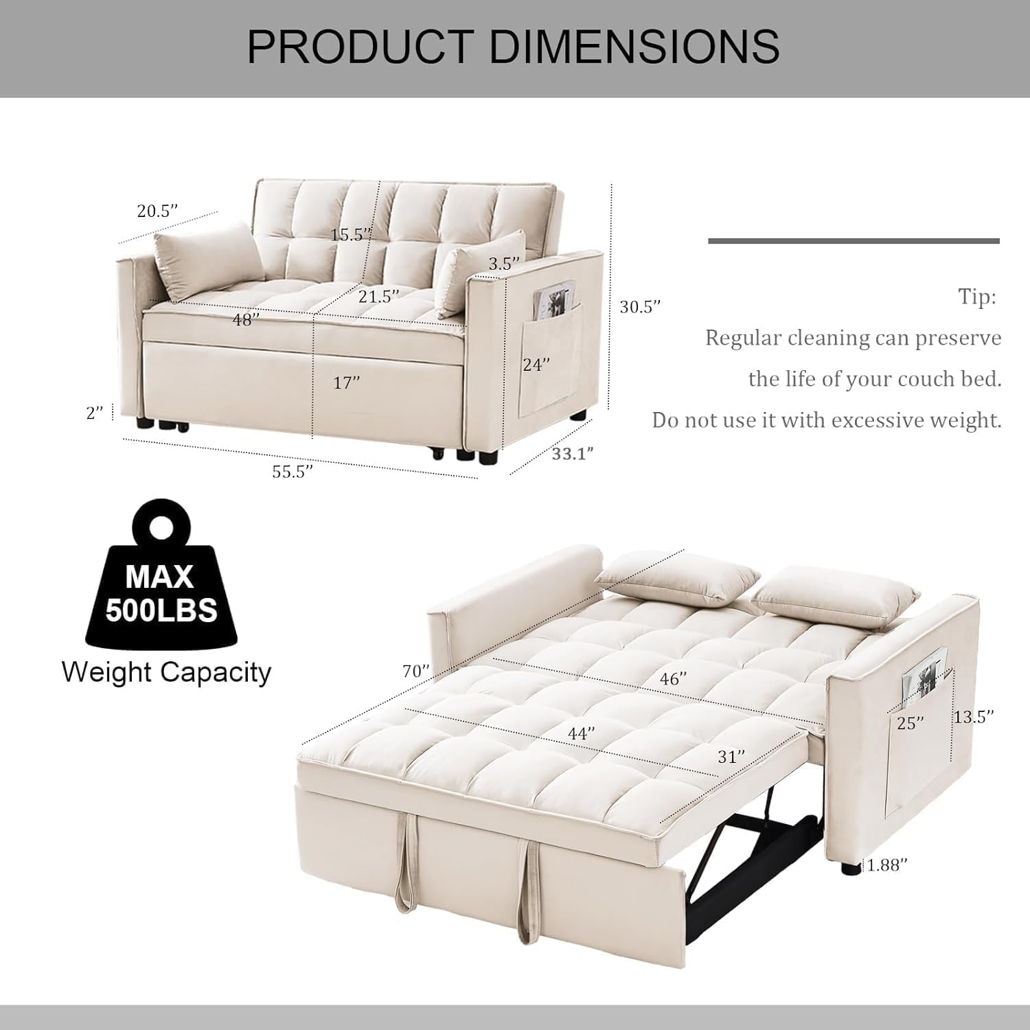 3 in 1 Sleeper Sofa Couch Bed, Velvet Convertible Sofa Bed with Armrests, Storage Pockets & 2 Pillows
