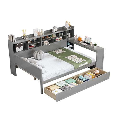 Corner Twin Bed Frame with Bookcase Storage and Desk, Wood Day Beds with 2 Drawers, Twin Size Daybed with Storage for Living Room