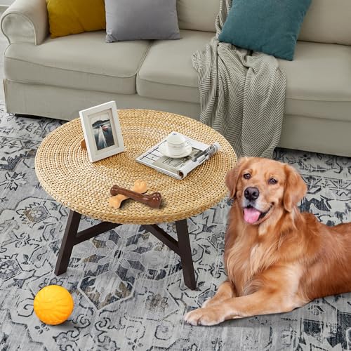 RANDEFURN Coffee Table Round, Seagrass Coffee Tables,Pine Wood X Base Frame Cocktail Table, Easy Assembled, Multiple Sizes for Living Room