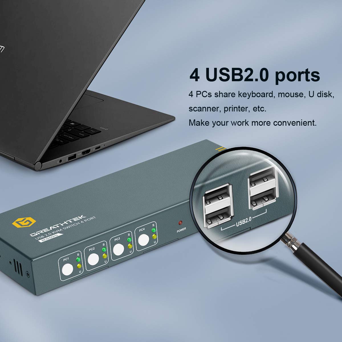 GREATHTEK KVM Switch HDMI 4 Port 4K@60Hz,4USB 2.0,Support The Input of USB2.0 Devices Such as Printers,HDCP2.2,YUV 4: 4: 4,All Needed Cables