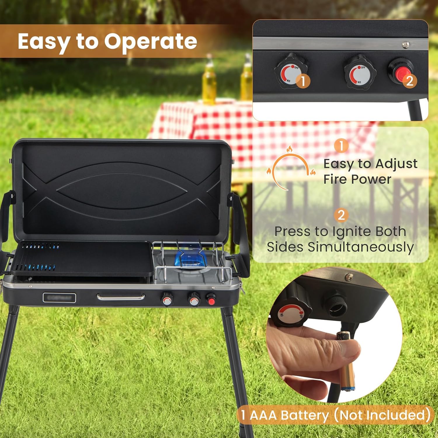 HAPPYGRILL 2-Burner Propane Camping Stove, Portable Gas Grill Cooker with Removable Leg Stand, Roast Grill, Dual Control Knobs, Wind Guards