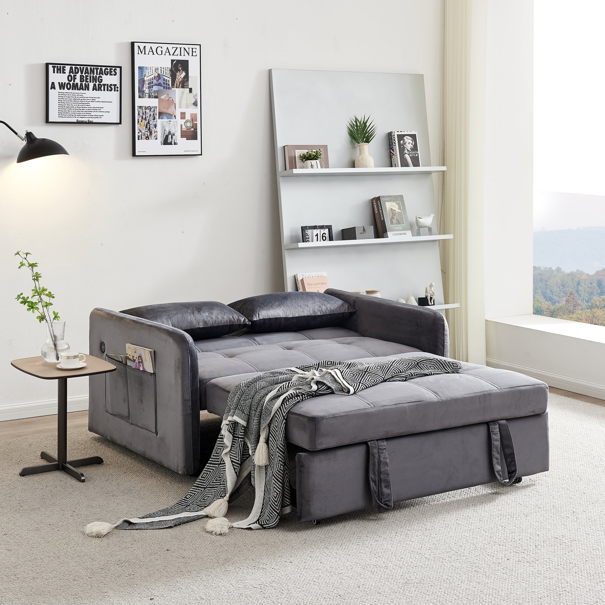 Modern Velvet Pull Out Convertible Sofa Bed, Folding Sleeper Couch Loveseat with Pillows and USB Port for Living Room Bedroom