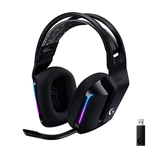 Logitech G733 Lightspeed Wireless Gaming Headset, Suspension Headband, Lightsync RGB, Blue VO!CE Mic, PRO-G Audio – Black, Gaming Headset Wireless