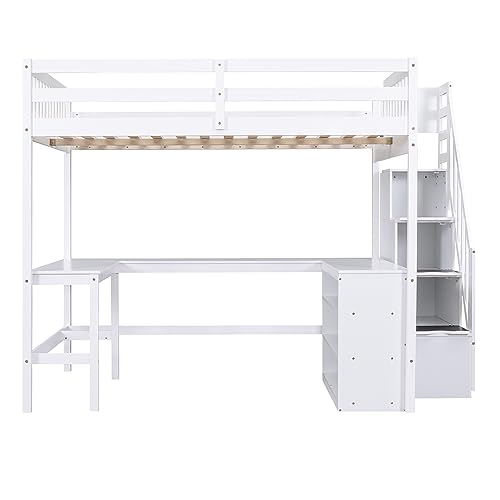 Full Size Loft Bed with Desk & Wardrobe, Solid Wood Kids Loft Bedframe w/3 Storage Drawers & 2 Shelves, Maximum Space Design, for Bedroom, Dorm, Gray