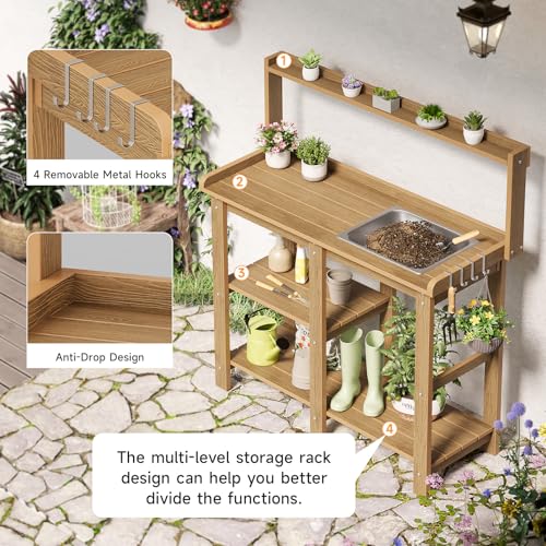 Potting Bench, Outdoor Potting Bench Table with Removable Sink, HDPS Potting Benches for Outside, Garden Table with Storage Shelves & 4 Side Hooks