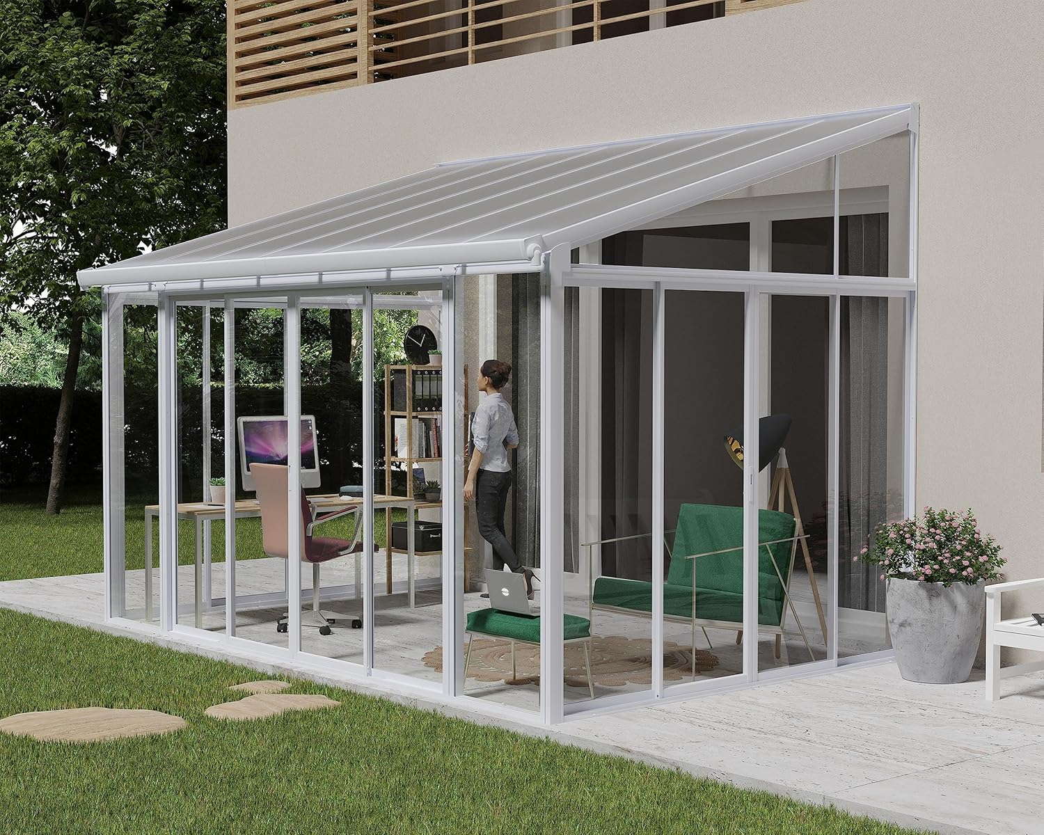 Palram - Canopia SanRemo 10x14 Enclosed Patio Cover Outdoor Canopy, White DIY Sunroom Kit Lean to Gazebo with Walls to Cover Patio Furniture, Deck