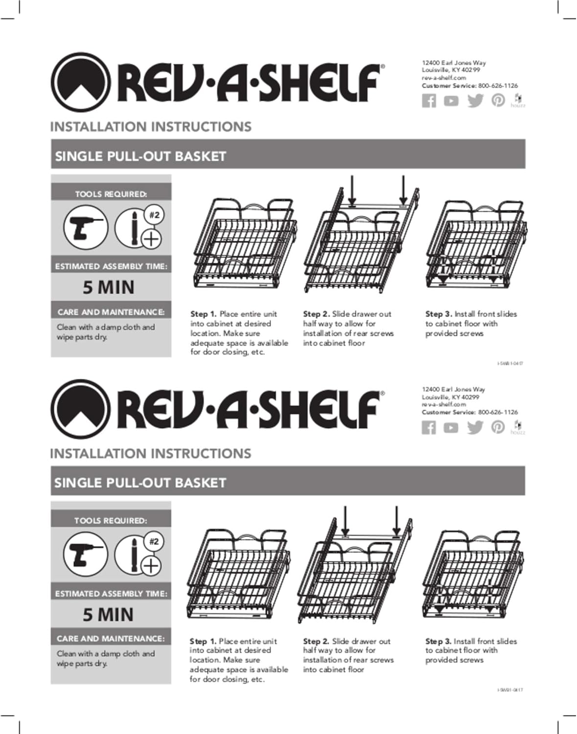 Rev-A-Shelf 5WB1-1222CR-1 12 Inch x 22 Inch Single Wire Basket Sliding Pull Out Shelf Storage Fully Assembled Durable Organizer for Kitchen Base