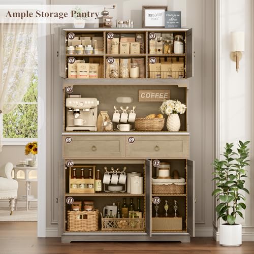 HOSTACK Large Kitchen Pantry Cabinet with Charging Station, 71" Kitchen Hutch Cabinet with Storage Drawers and Countertop
