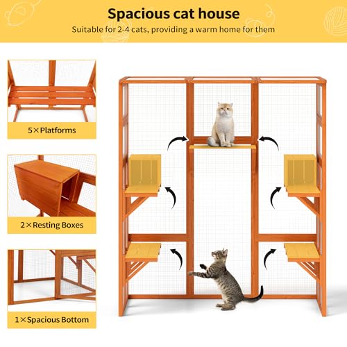 71Inches Large Wood Catio Outdoor Cat Enclosure with Perches and Condos, Cat House Indoor with Waterproof Roof