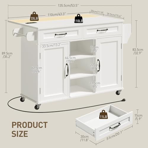 Kitchen Island with Power Outlets & Drop Leaf, Kitchen Cart with Storage, Drawer and Spice Rack, Tower Rack, Island Table, White and Walnut