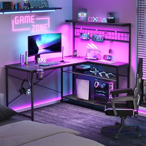 Bestier 42 L Gaming Desk,Computer Desk with Power Outlets, LED Lights, Reversible Corner Desk with 4-Tier Shelves,Cup Holder & Hook Carbon Fiber Black