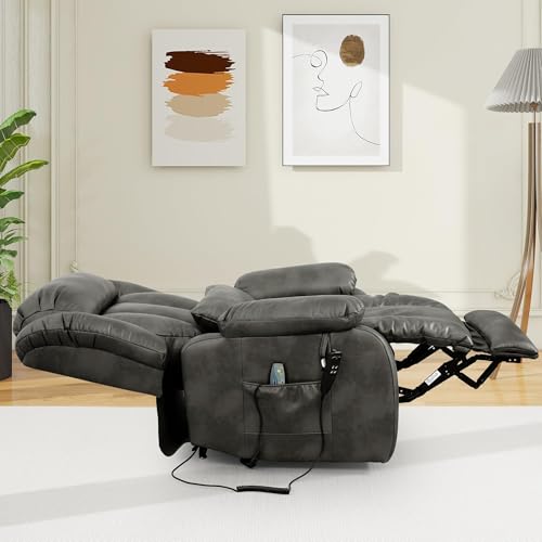 EDILLY Large Genuine Leather Power Lift Recliner Chairs for Elderly, Dual Motor with Massage and Heating,Double Lumbar Cushion and Extended Footrest