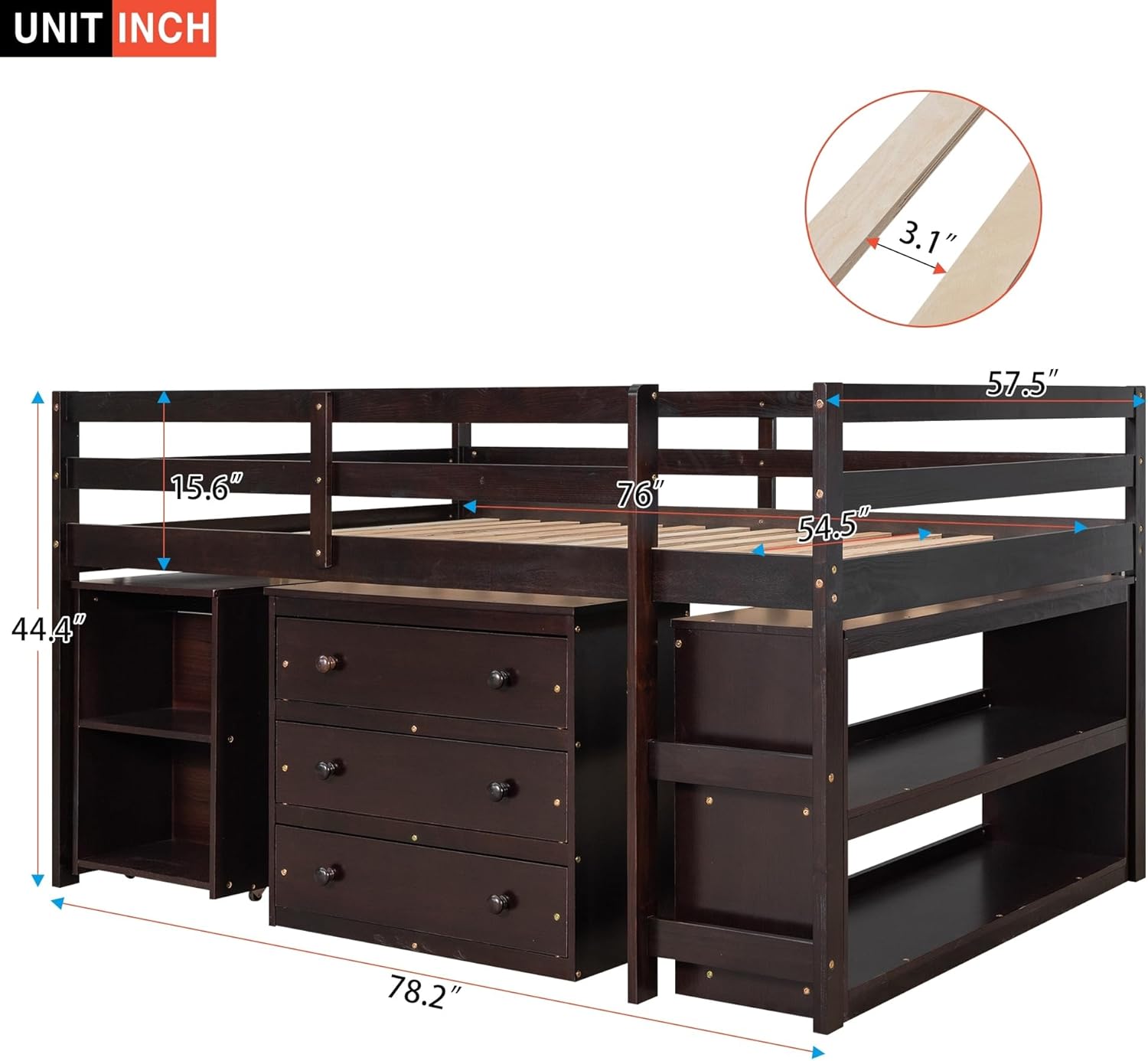 Full Size Low Loft Bed Wood Study Bedframe with Storage Cabinet Desk Brown Modern Contemporary Rustic Unisex Nature Space Natural Finish Hidden