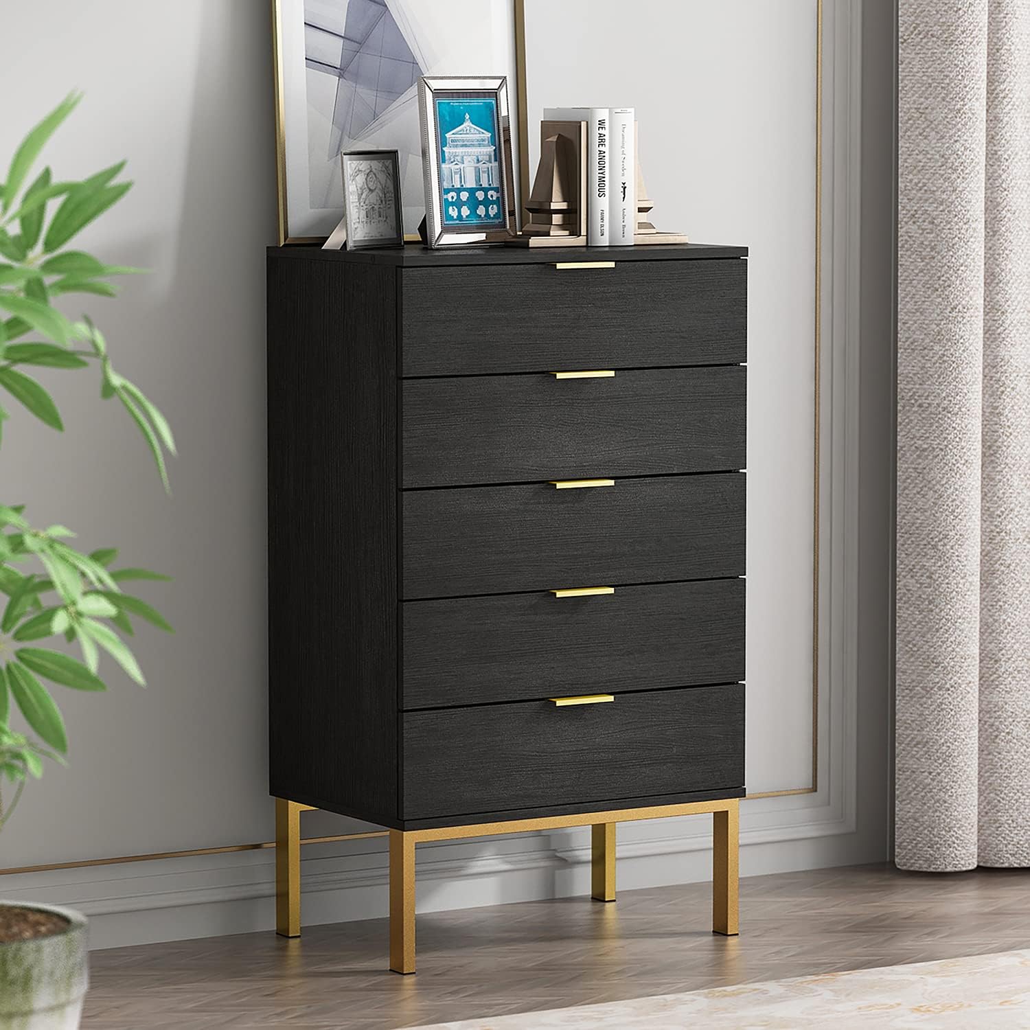 Homsee Modern Dresser Storage Chest with 5 Drawers, Wood Dresser Chest with Gold Metal Legs and Handles for Bedroom, Living Room & Hallway
