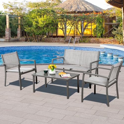 Vongrasig 4 Pieces Patio Furniture Sets,Outdoor Patio Conversation Sets with Glass Coffee Table, Small Porch Balcony Furniture