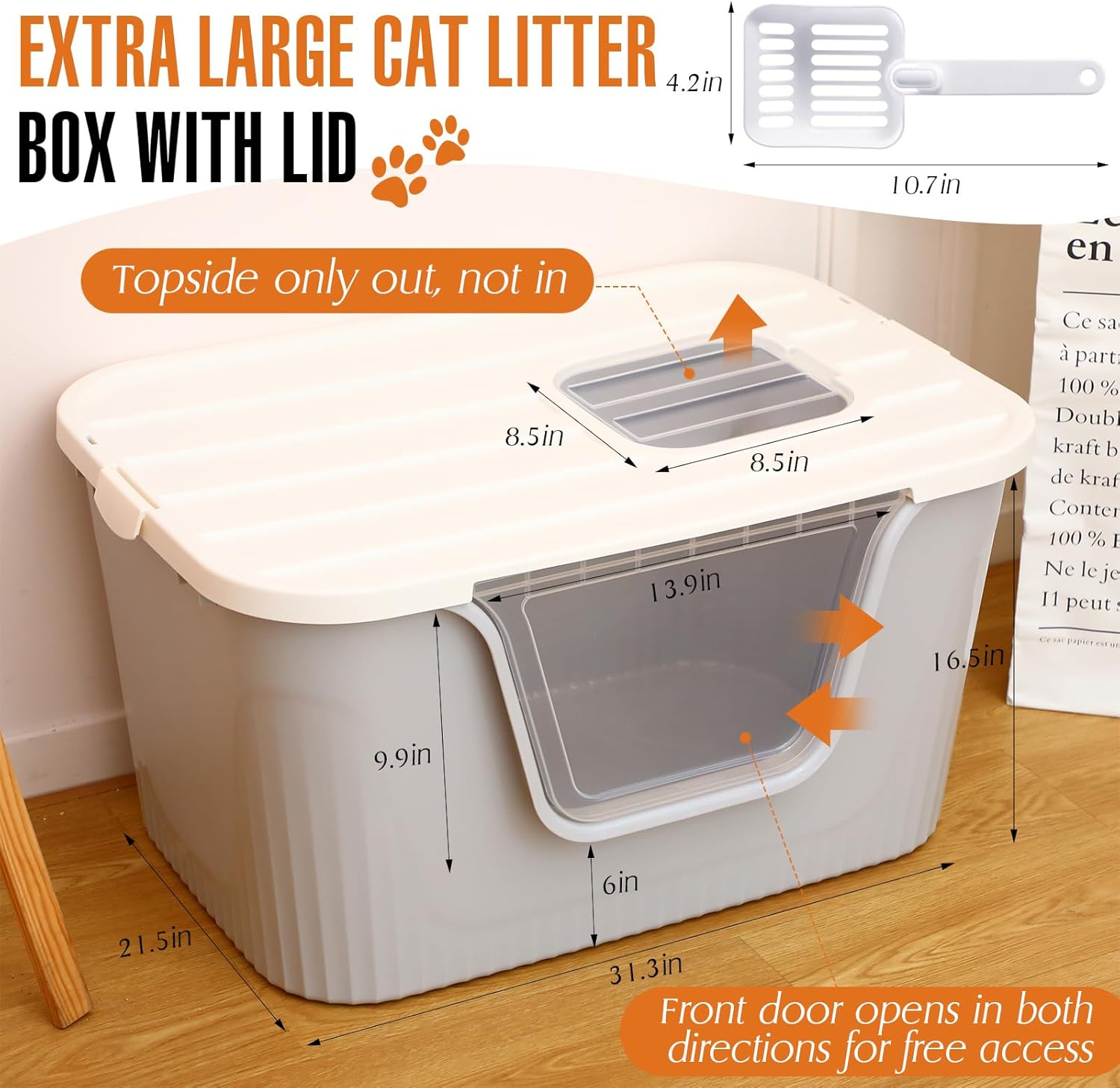 Hushee Enclosed Cat Litter Boxes 31.3 x 21.5 x 16.5'' Extra Large Covered Litter Box with Scoop Front Entry Two Exits Dual Applied XLarge Litter Box