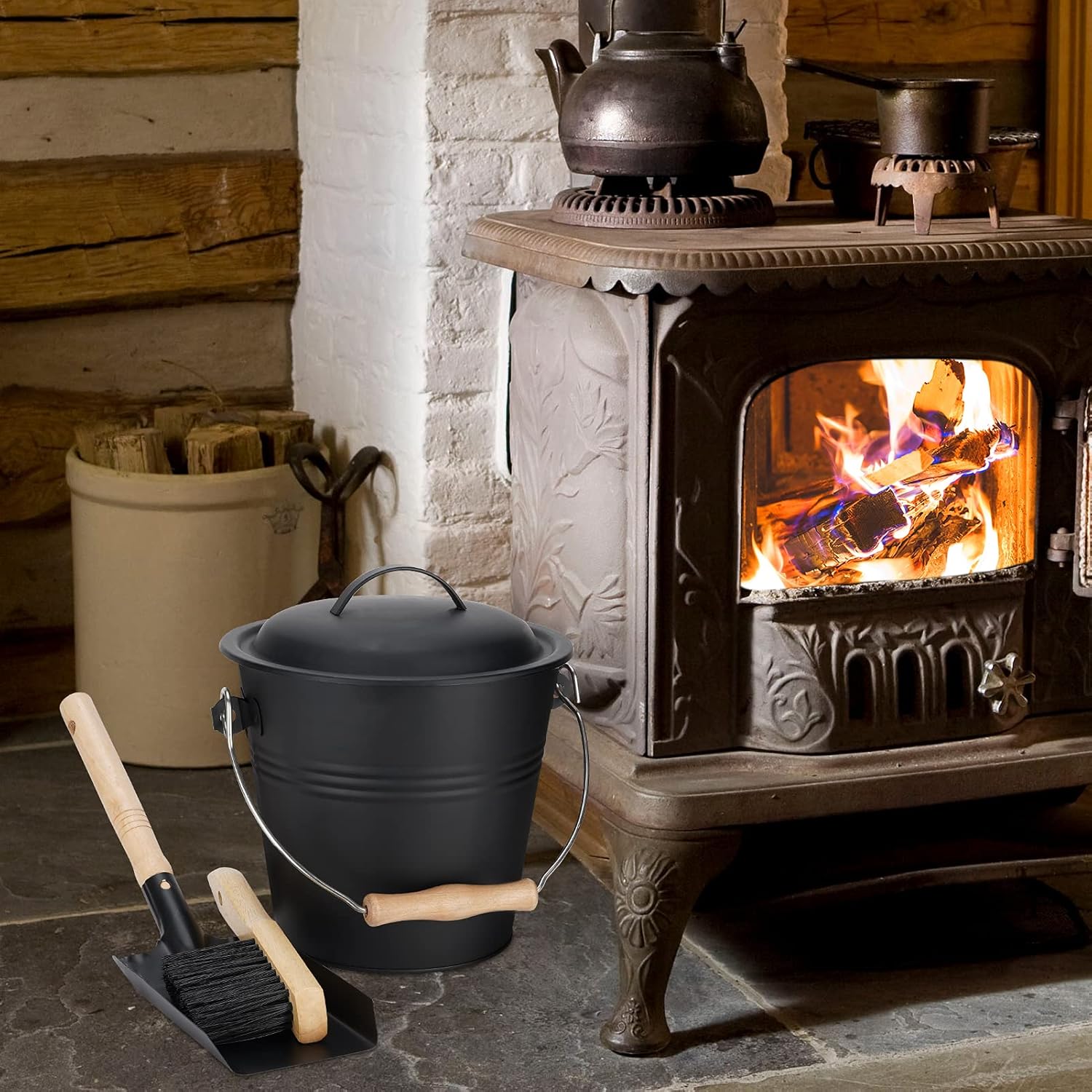 Mini Ash Bucket with Lid, 1.5-Gallon Pail with Shovel and Hand Broom, Metal Bucket Coal and Ash Carrier, Wood Pellet Storage Container