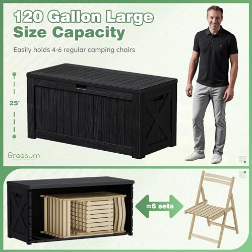 Greesum 120 Gallon Outdoor Storage Box with Lock - Large Resin Deck Box, Reinforced Lid for Garden, Patio, Lawn, Black