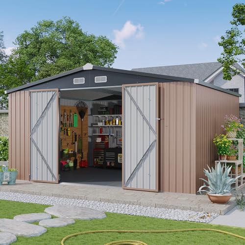 Aoxun 10 x 12FT Outdoor Storage Shed with Double Hinged Large Door Utility Garden Shed with Lockable Door & Sloped Roof Metal Sheds Outdoor Storage