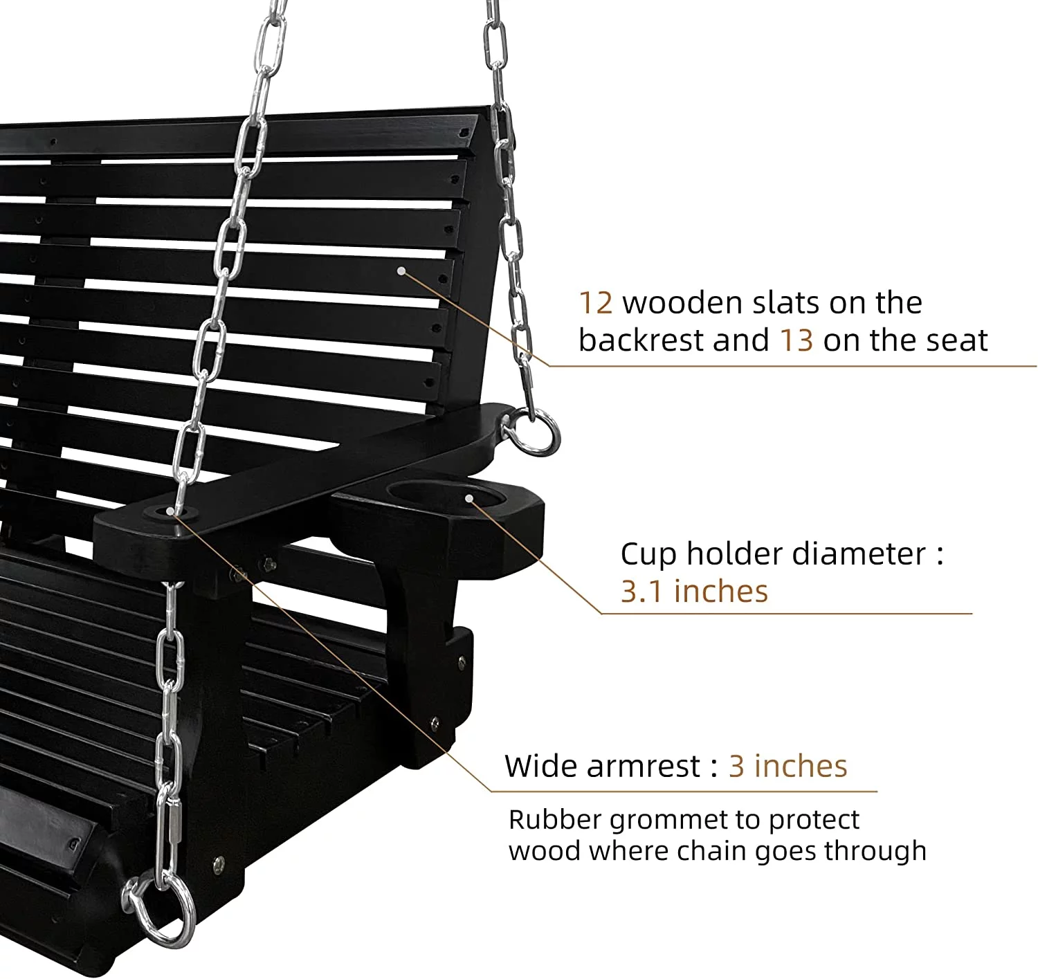 Wooden Porch Swing 2-Seater, Bench Swing with Cupholders for Outdoor Patio Garden Yard, 4 ft Black