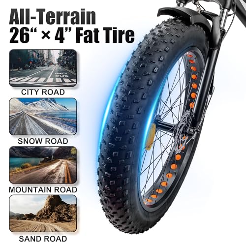 NAKTO 26" Electric Bike for Adults, 4.0" Fat Tire E-Bike with Peak 1500W Powerful Rear Hub Motor and Disc Brakes, Electric Bicycle with Battery Lock