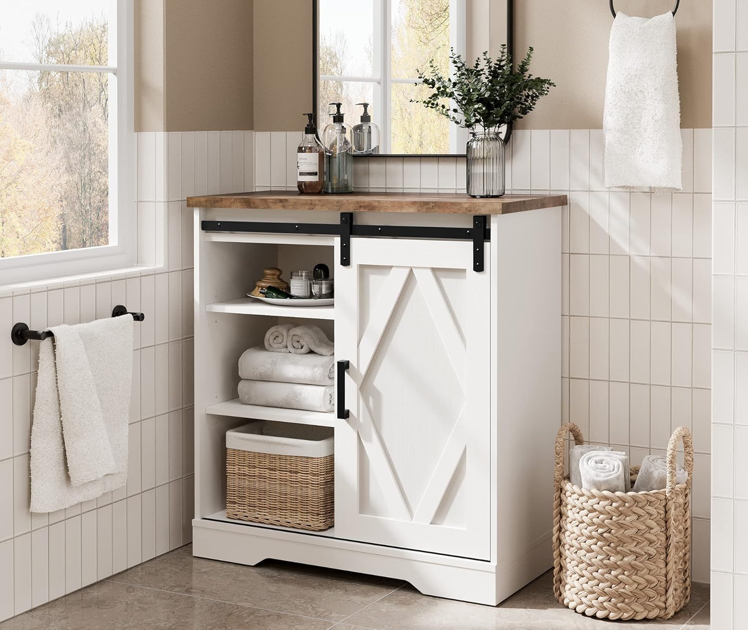 Coffee Bar Cabinet with Barn Doors Farmhouse Sideboard Buffet Cabinet with Storage for Living Room Dinning Room White 33inch